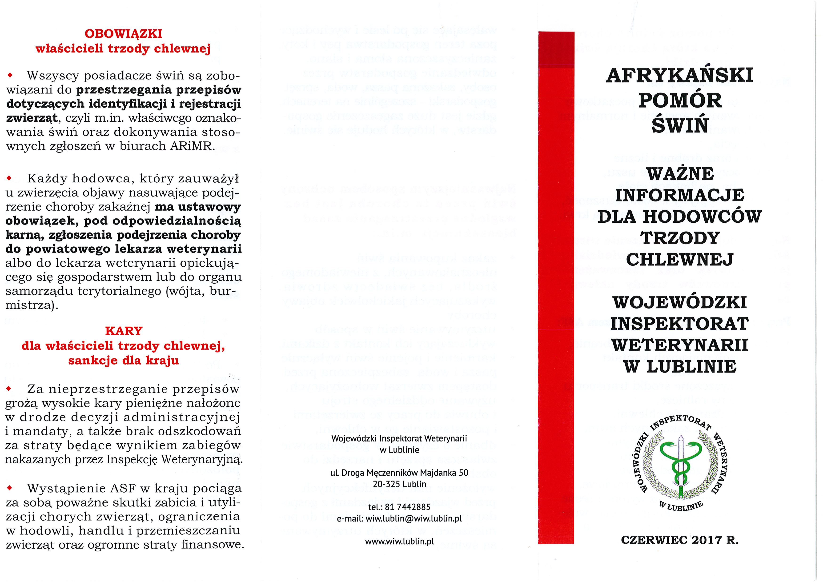 Ulotka informacyjna Lubelskiego Wojewódzkiego Lekarza Weterynarii zawierająca ważne informacje dla hodowców trzody chlewnej